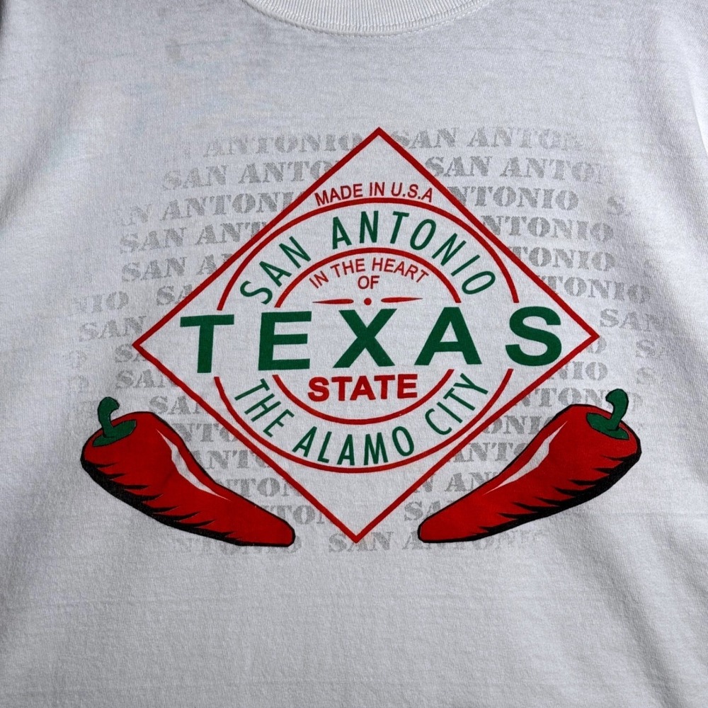 Anvil San Antonio Texas Alamo City Hot Sauce Graphic T-Shirt White Mens Large‎